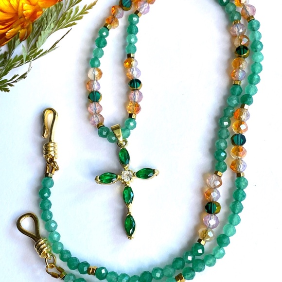 Aventurine with Austrian Crystals Christian Cross Necklace - Picture 7 of 13